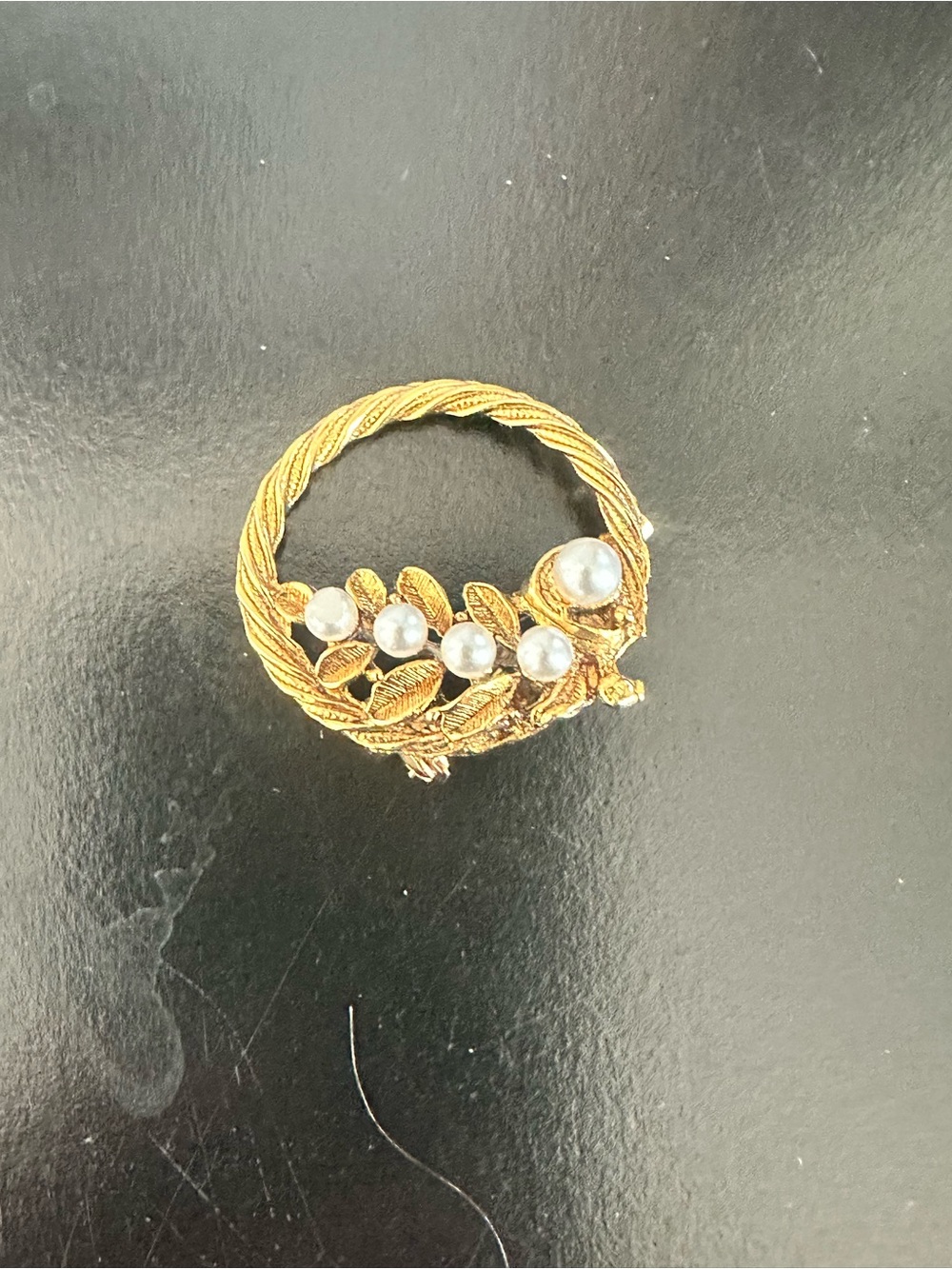 Gold Leaf and Pearl Circle Brooch - Women Jewelry